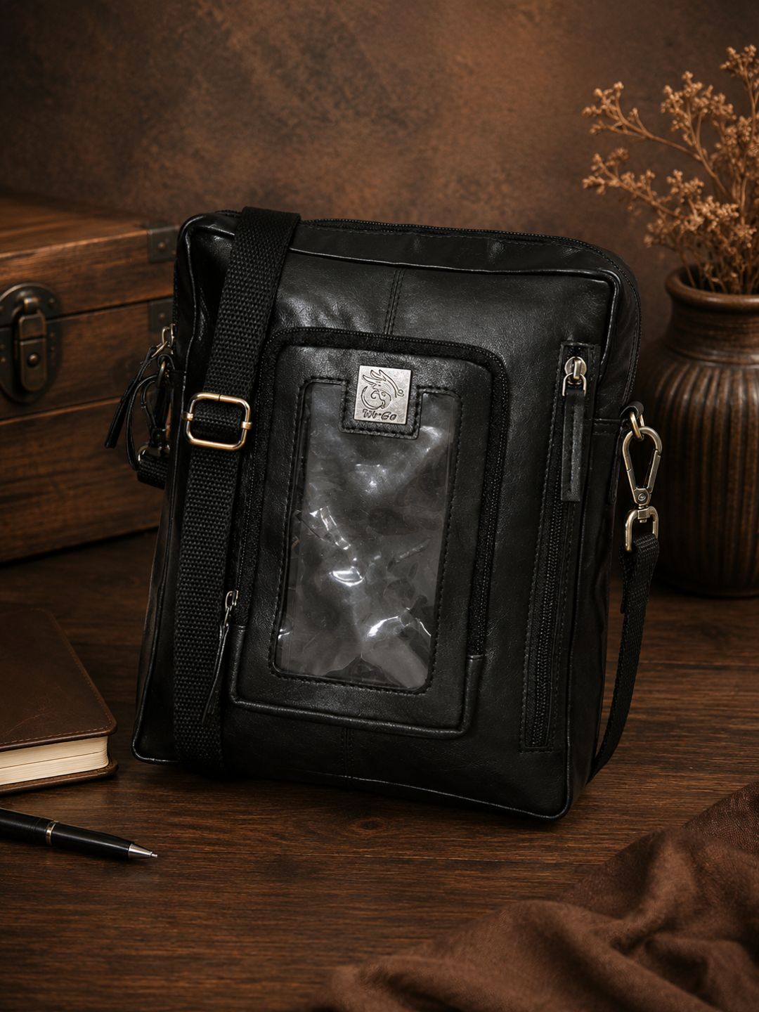 Genuine Leather Messenger Bag For Bikers With Mobile Display Pocket For GPS Navigation With Compartment For Power Bank Charger And Magnetic Back To Hold On The Bikes Petrol Tank