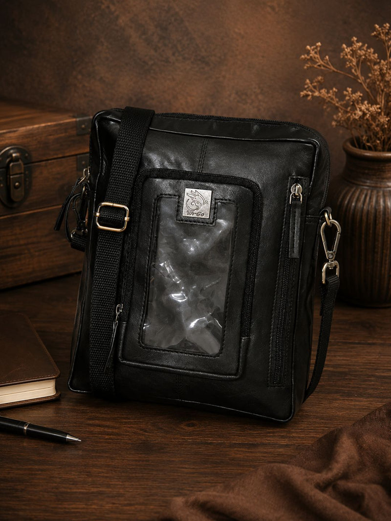 Genuine Leather Messenger Bag For Bikers With Mobile Display Pocket For GPS Navigation With Compartment For Power Bank Charger And Magnetic Back To Hold On The Bikes Petrol Tank