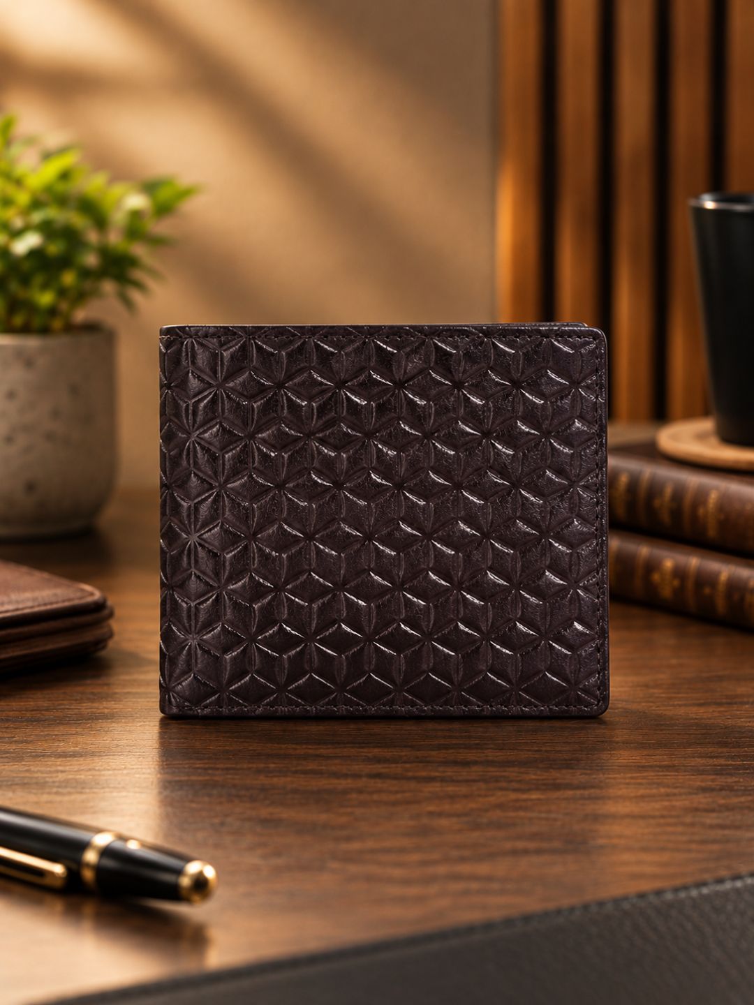 Genuine Leather - Hexagon Print Embossed - Men Leather Wallet