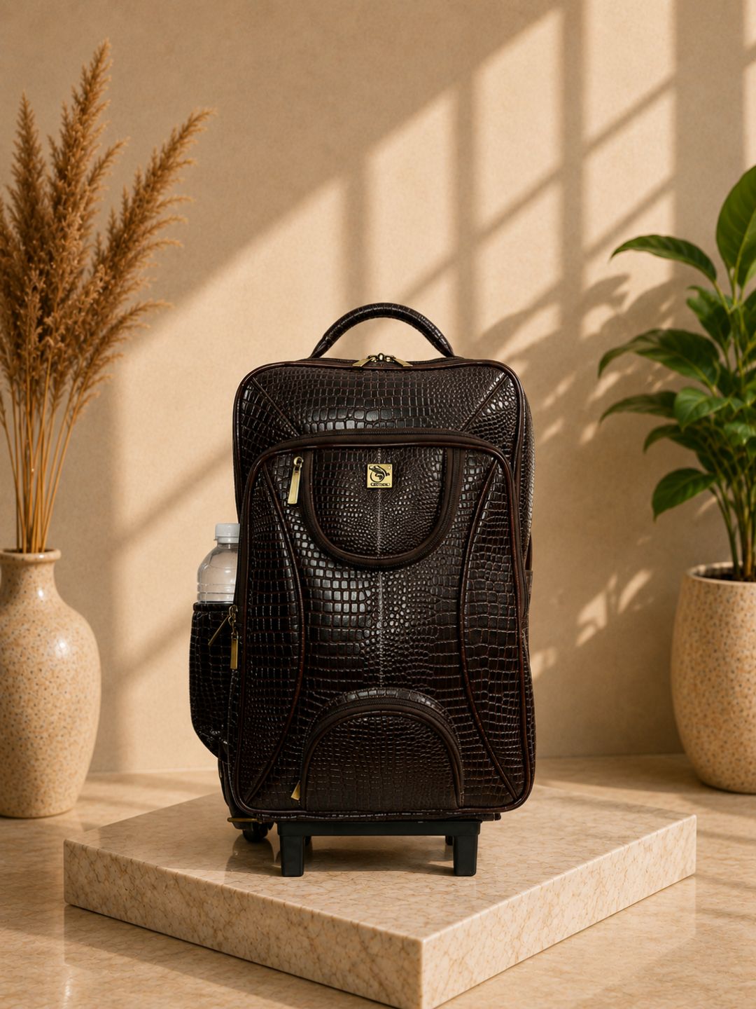 GENUINE LEATHER CROCO PRINT MULTIPURPOSE TRAVEL TROLLY BACKPACK WITH LAPTOP COMPARTMENT