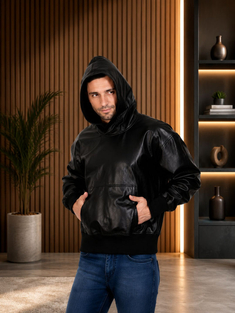 Genuine Leather, Men's Leather Hoody Jacket