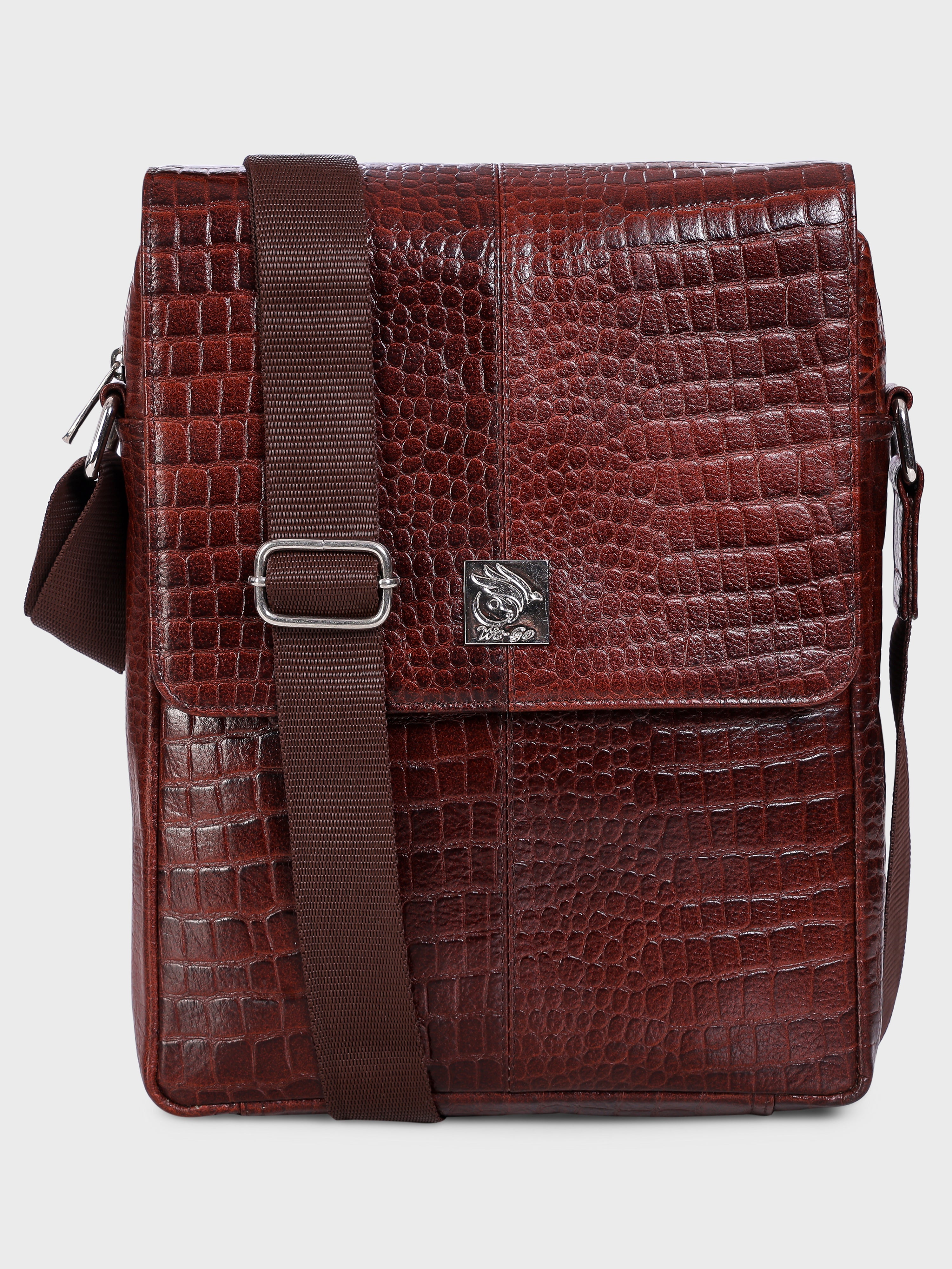 Unisex Genuine Leather - Messenger Bag , Croco Embossed Two Tone Effect Leather