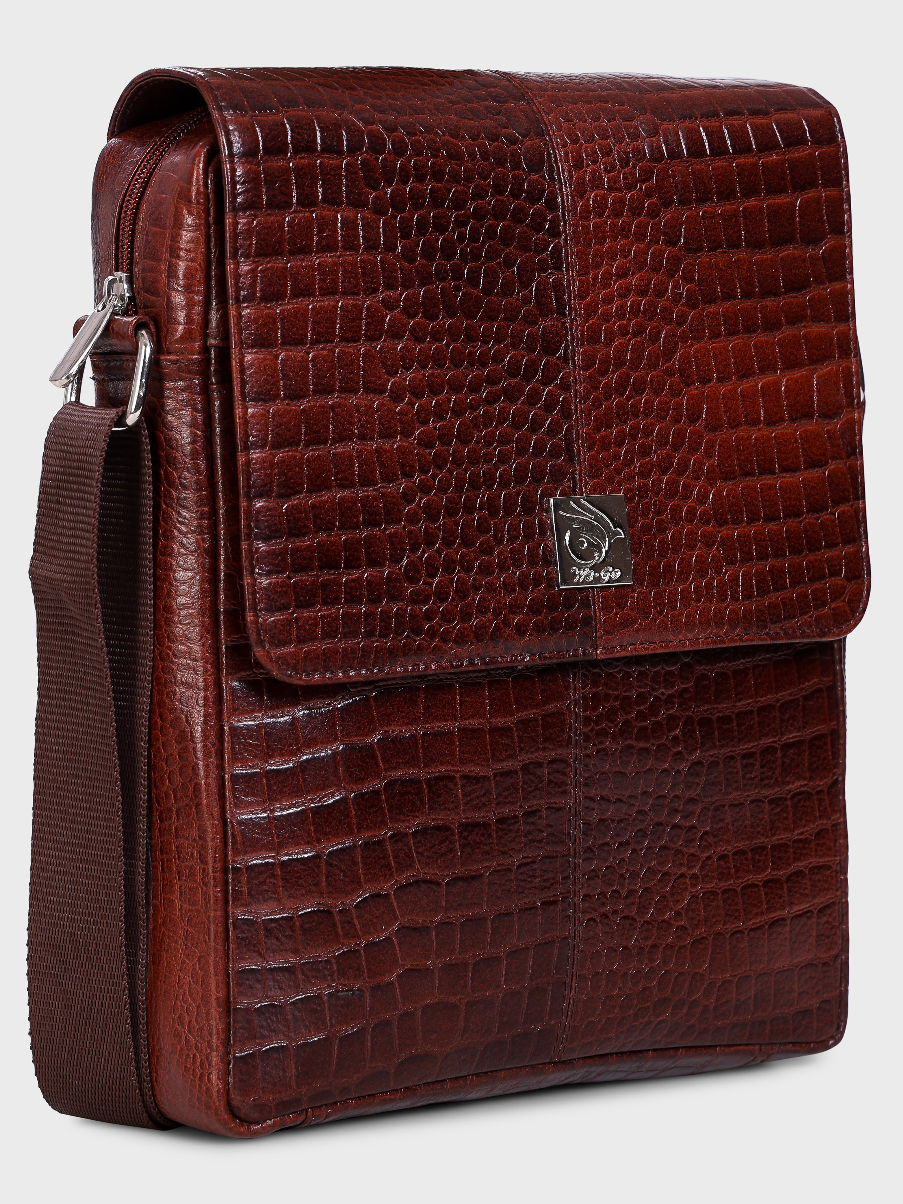 Unisex Genuine Leather - Messenger Bag , Croco Embossed Two Tone Effect Leather