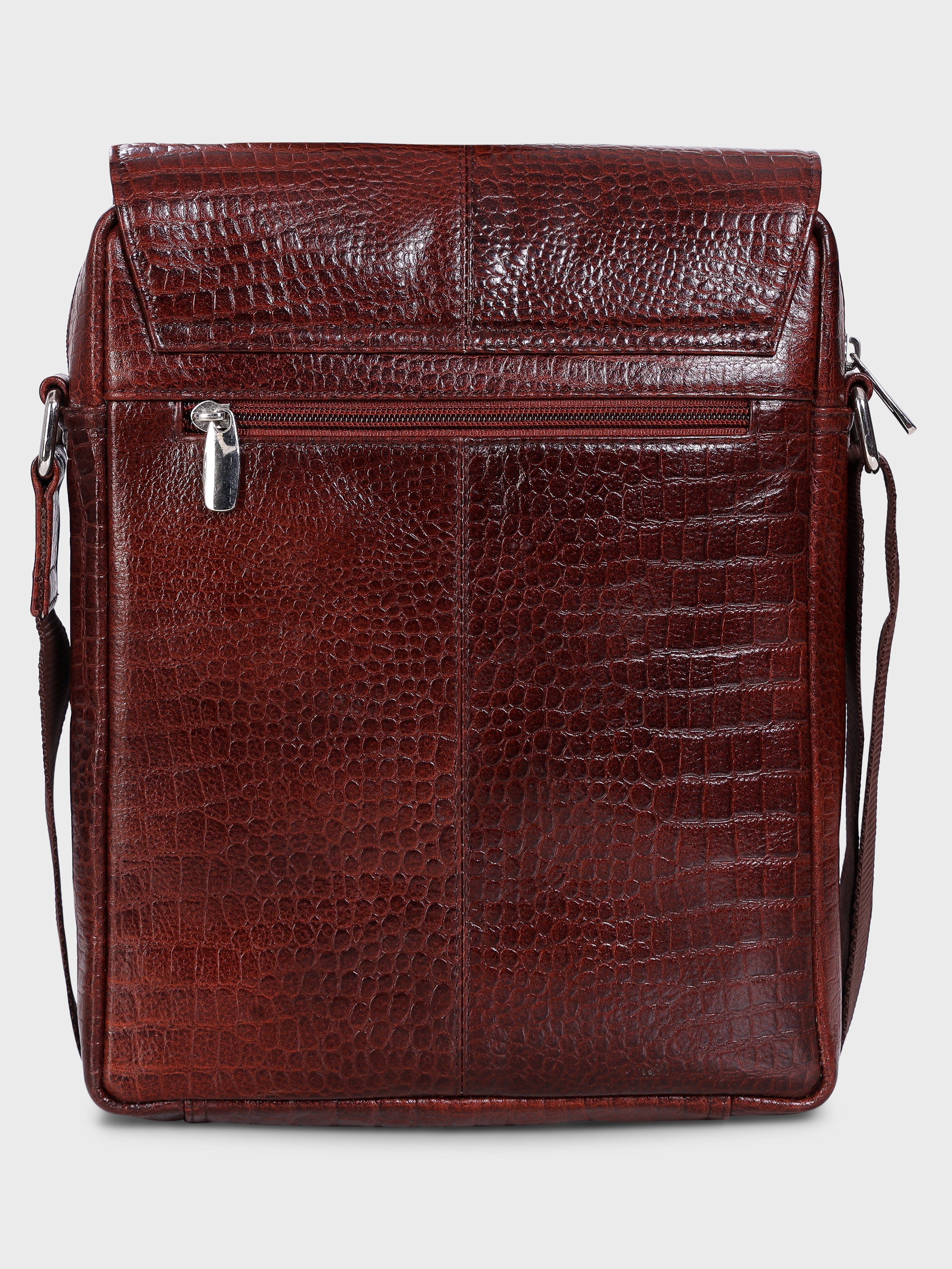 Unisex Genuine Leather - Messenger Bag , Croco Embossed Two Tone Effect Leather