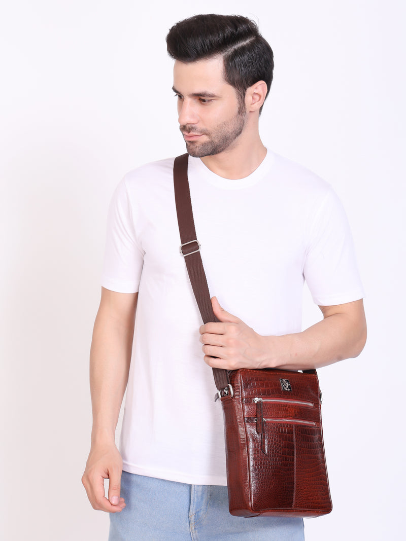 Unisex Genuine Leather - Messenger Bag , Croco Embossed Two Tone Effect Leather