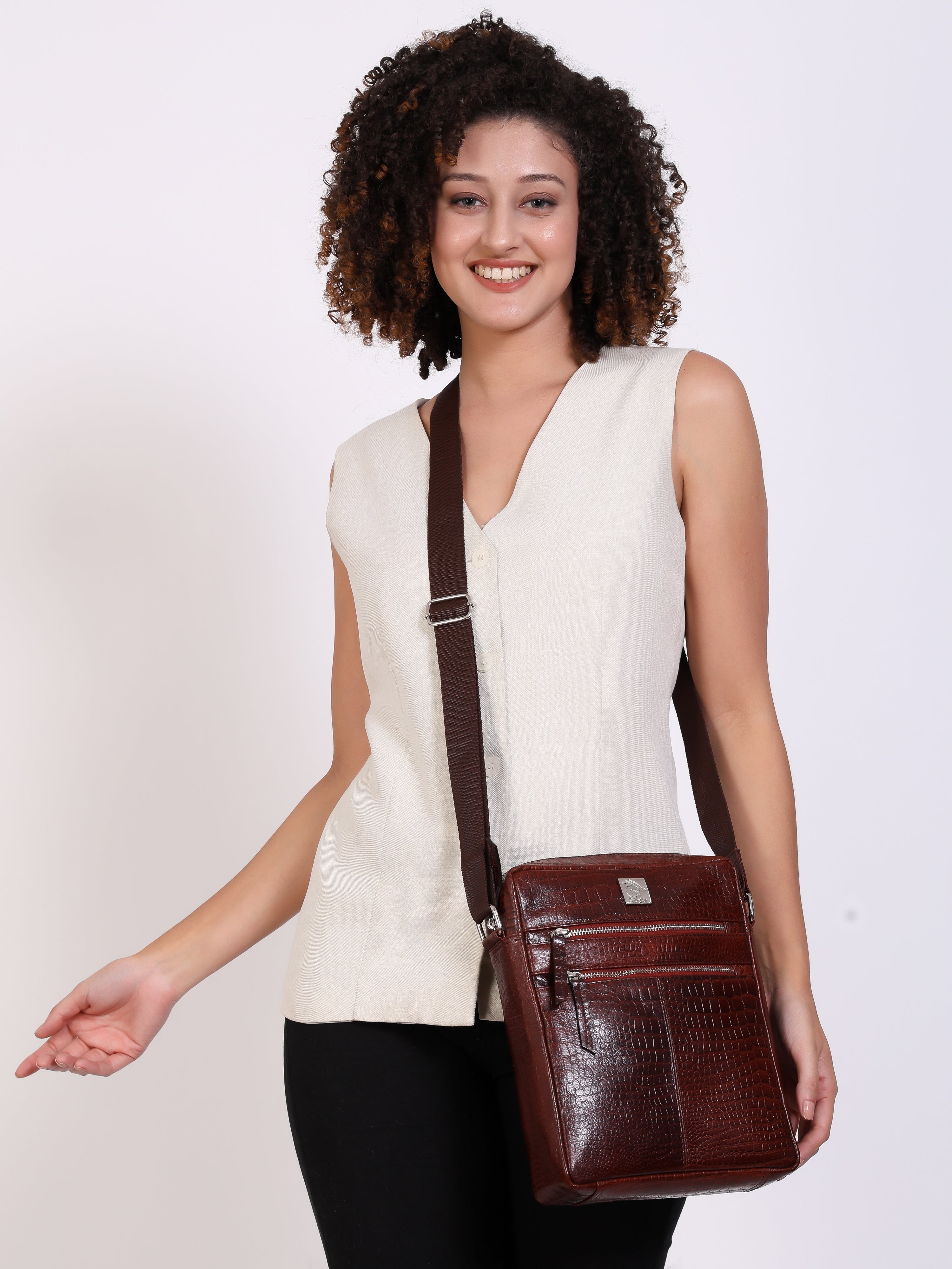 Unisex Genuine Leather - Messenger Bag , Croco Embossed Two Tone Effect Leather