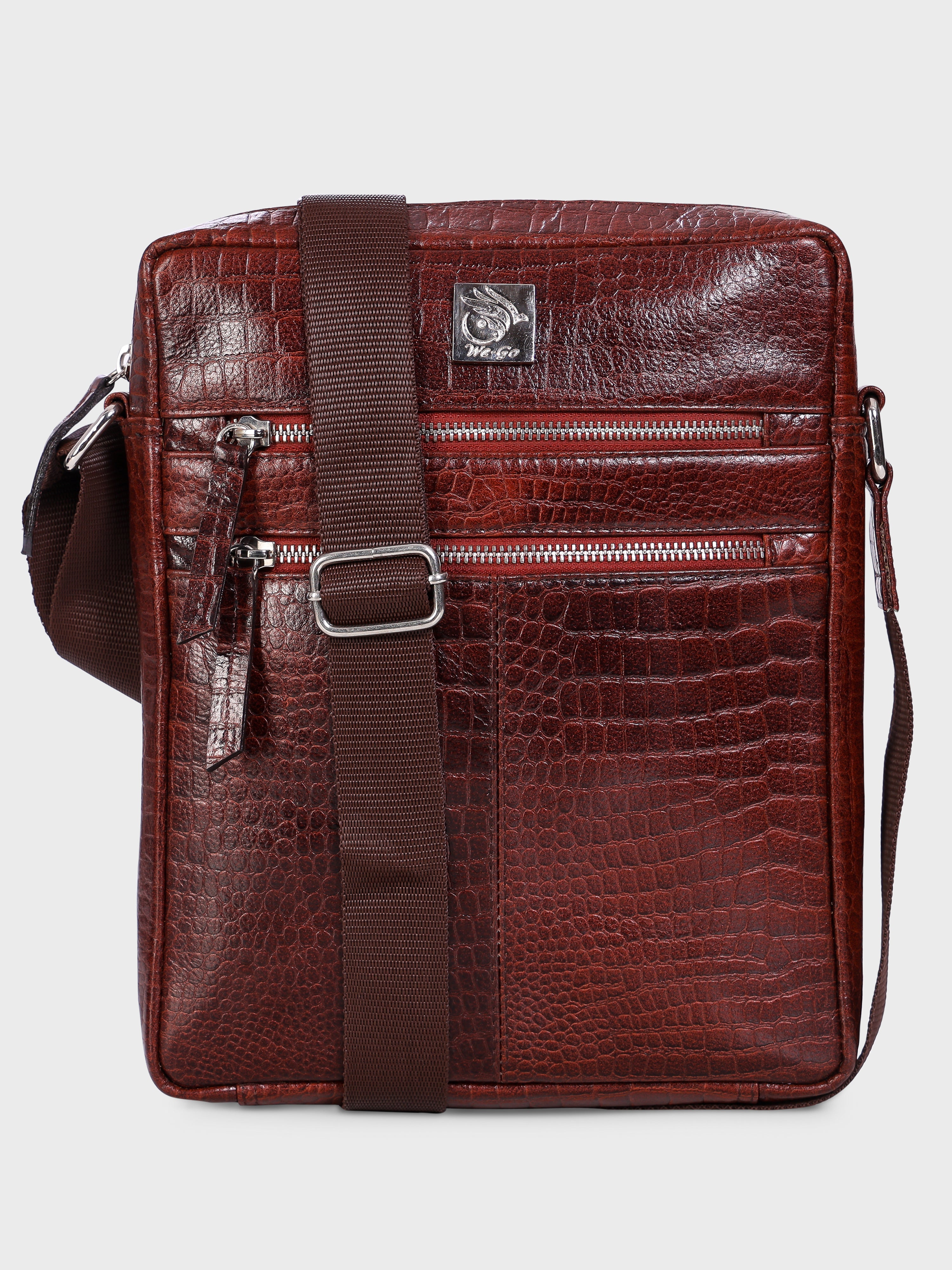 Unisex Genuine Leather - Messenger Bag , Croco Embossed Two Tone Effect Leather