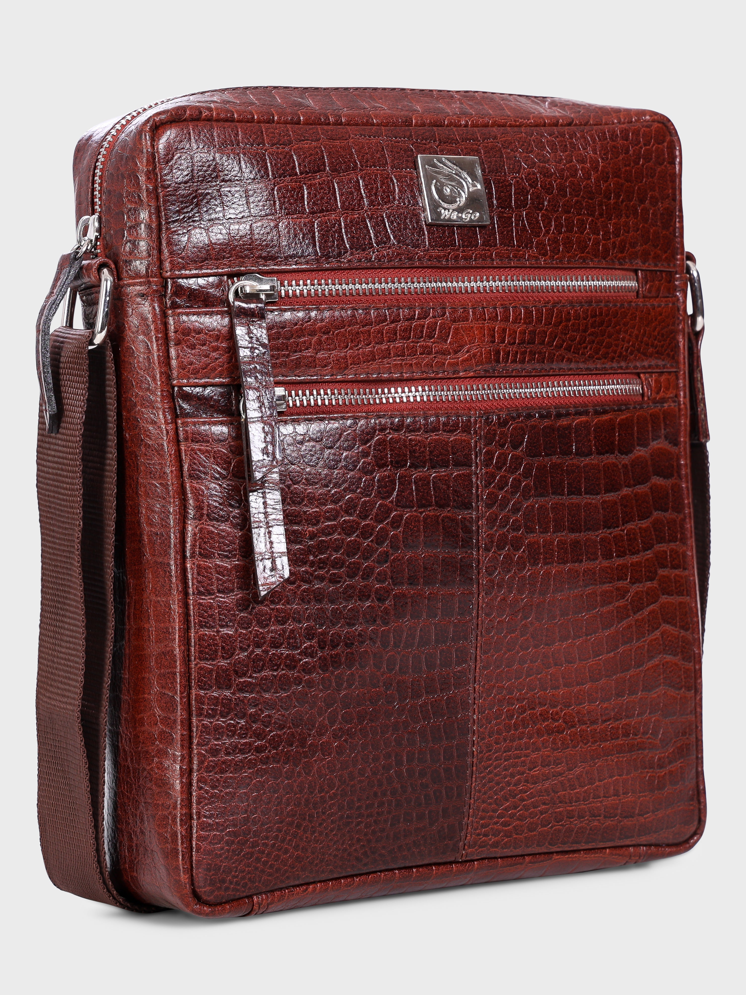 Unisex Genuine Leather - Messenger Bag , Croco Embossed Two Tone Effect Leather