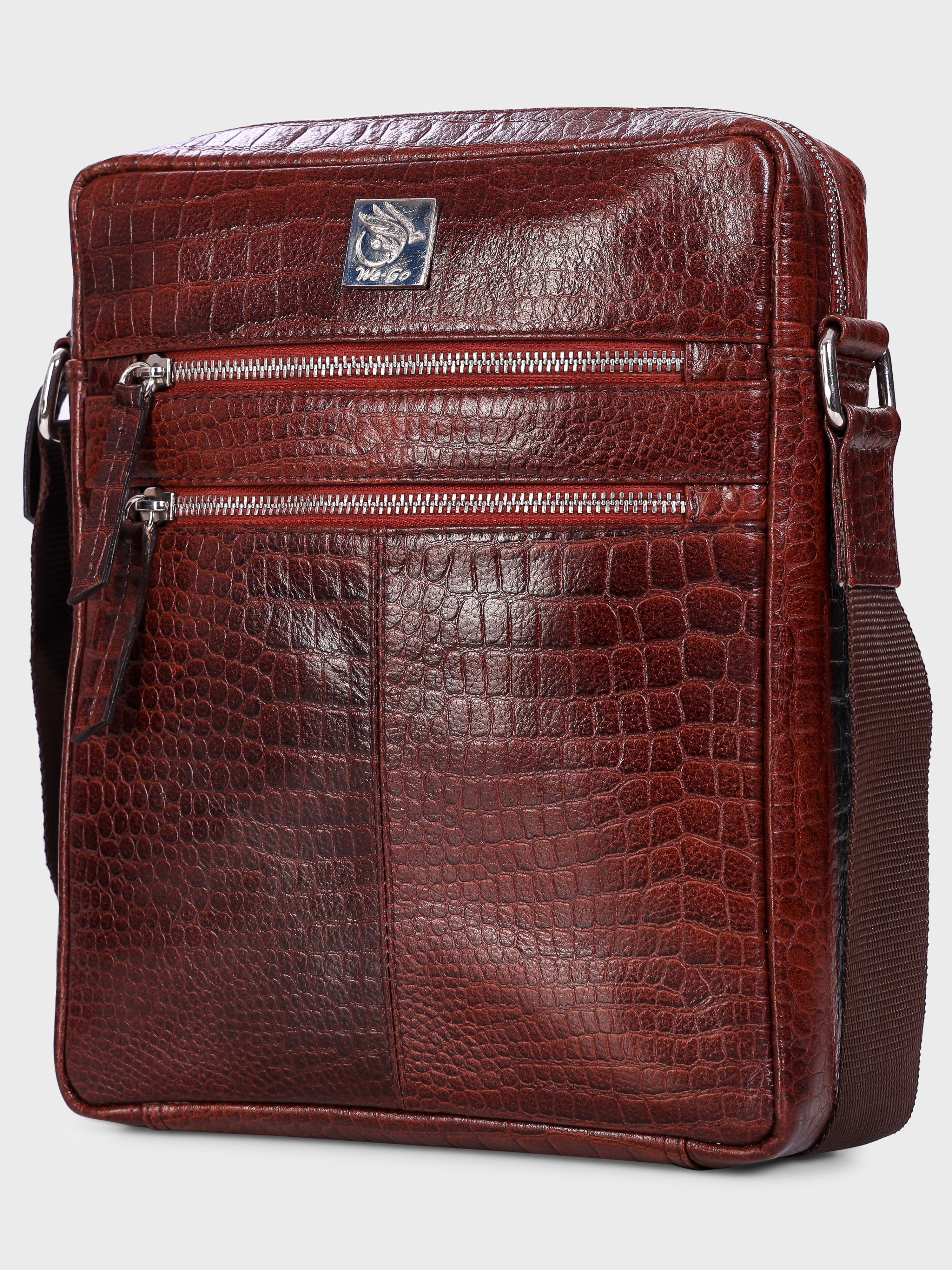 Unisex Genuine Leather - Messenger Bag , Croco Embossed Two Tone Effect Leather