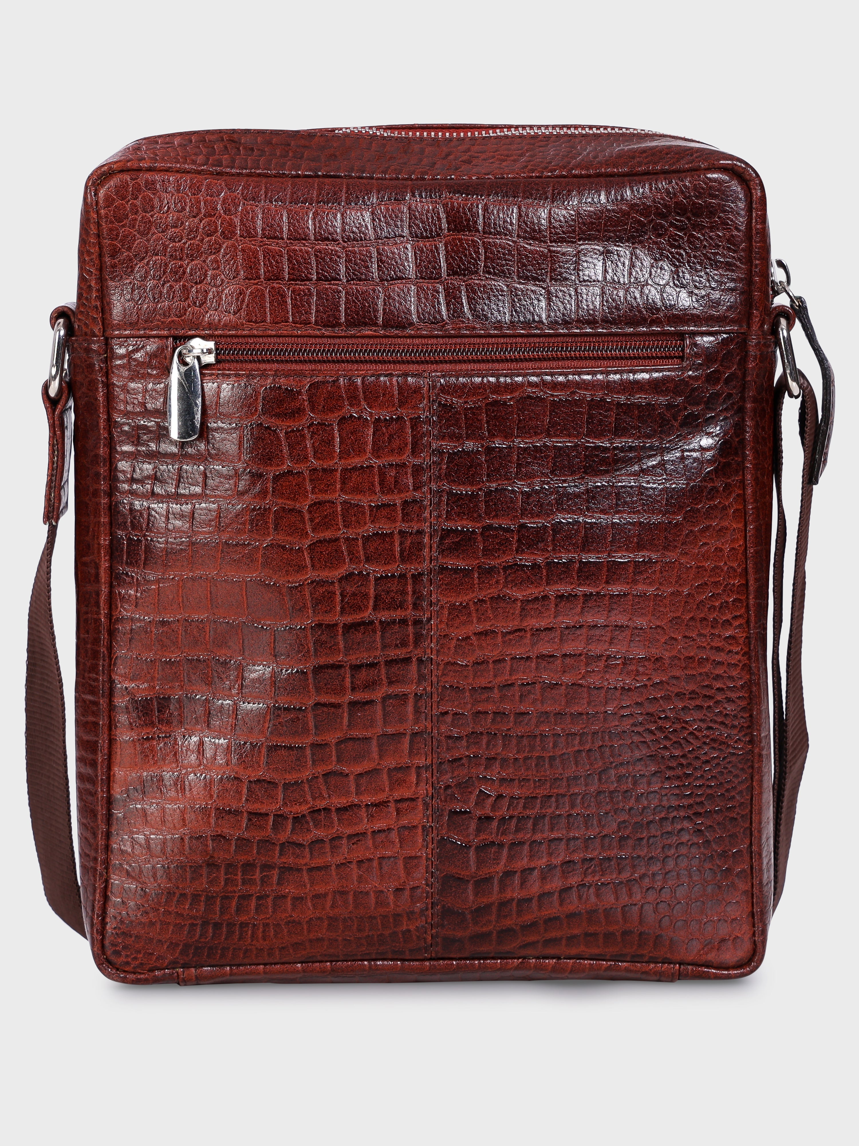 Unisex Genuine Leather - Messenger Bag , Croco Embossed Two Tone Effect Leather