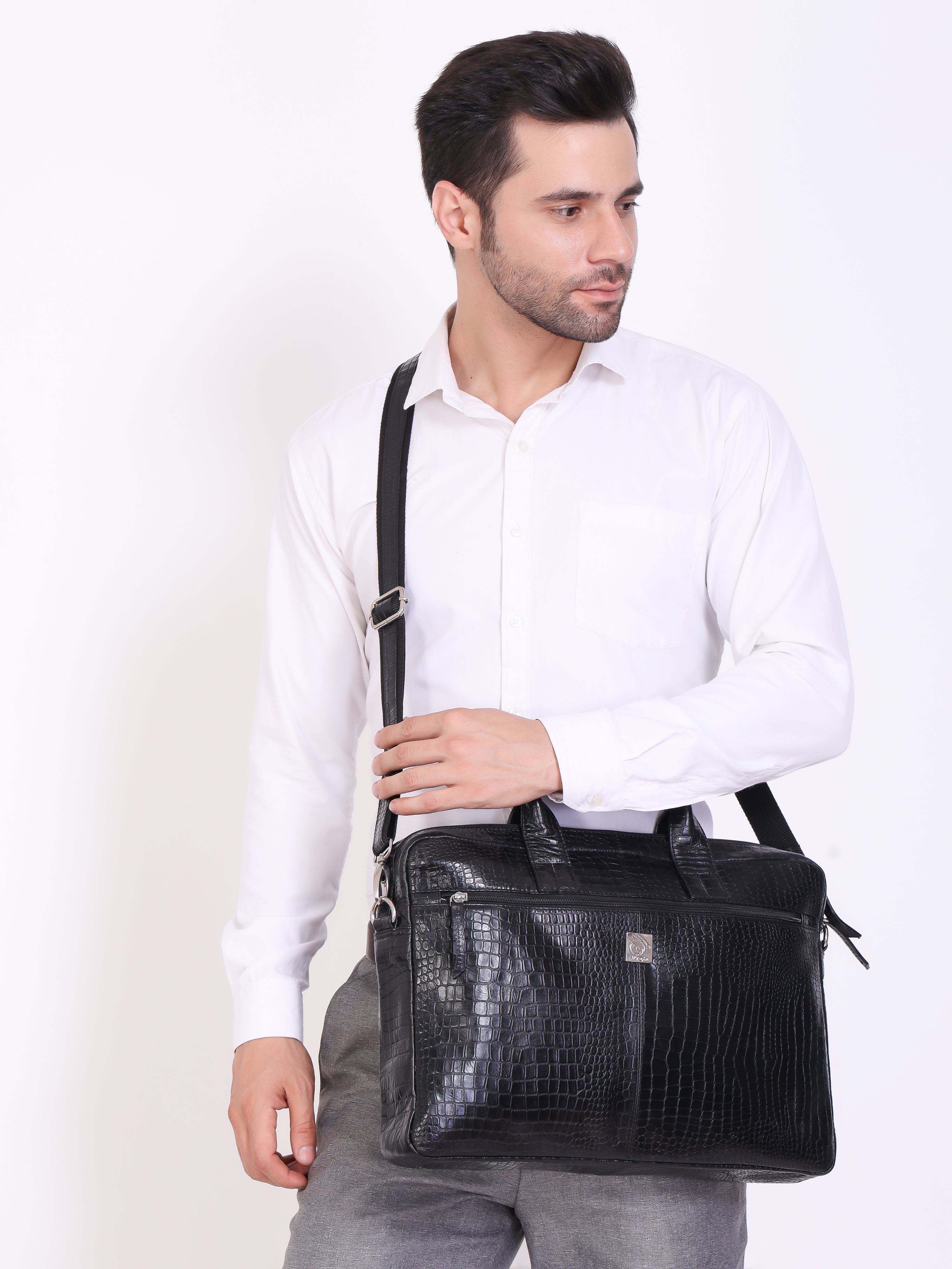 Genuine Leather Office Bag - Crocodile Embossed Print Leather Portfolio , With Adjustable Shoulder Strap , Can Accommodate 15 " Laptop