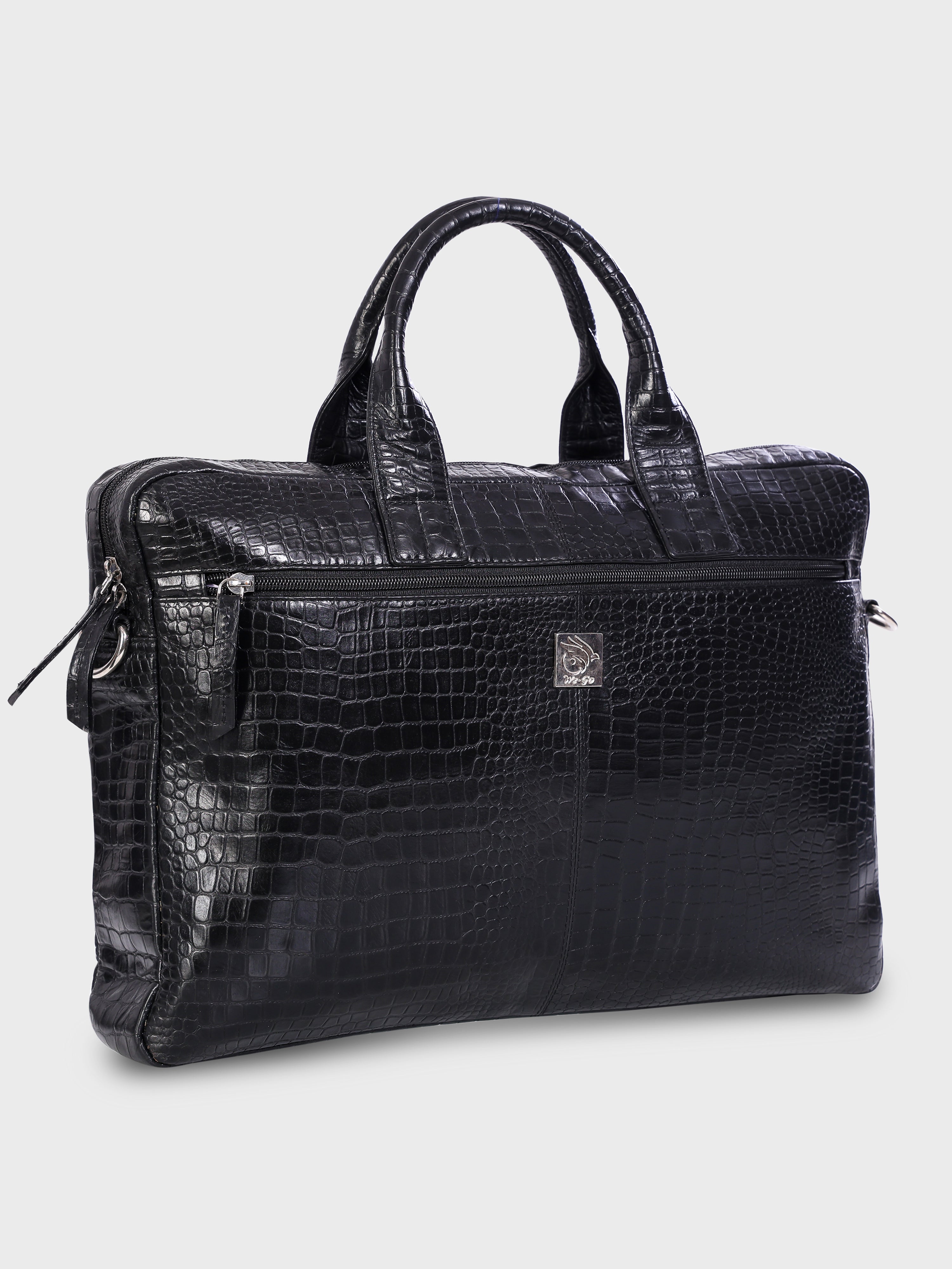 Genuine Leather Office Bag - Crocodile Embossed Print Leather Portfolio , With Adjustable Shoulder Strap , Can Accommodate 15 " Laptop