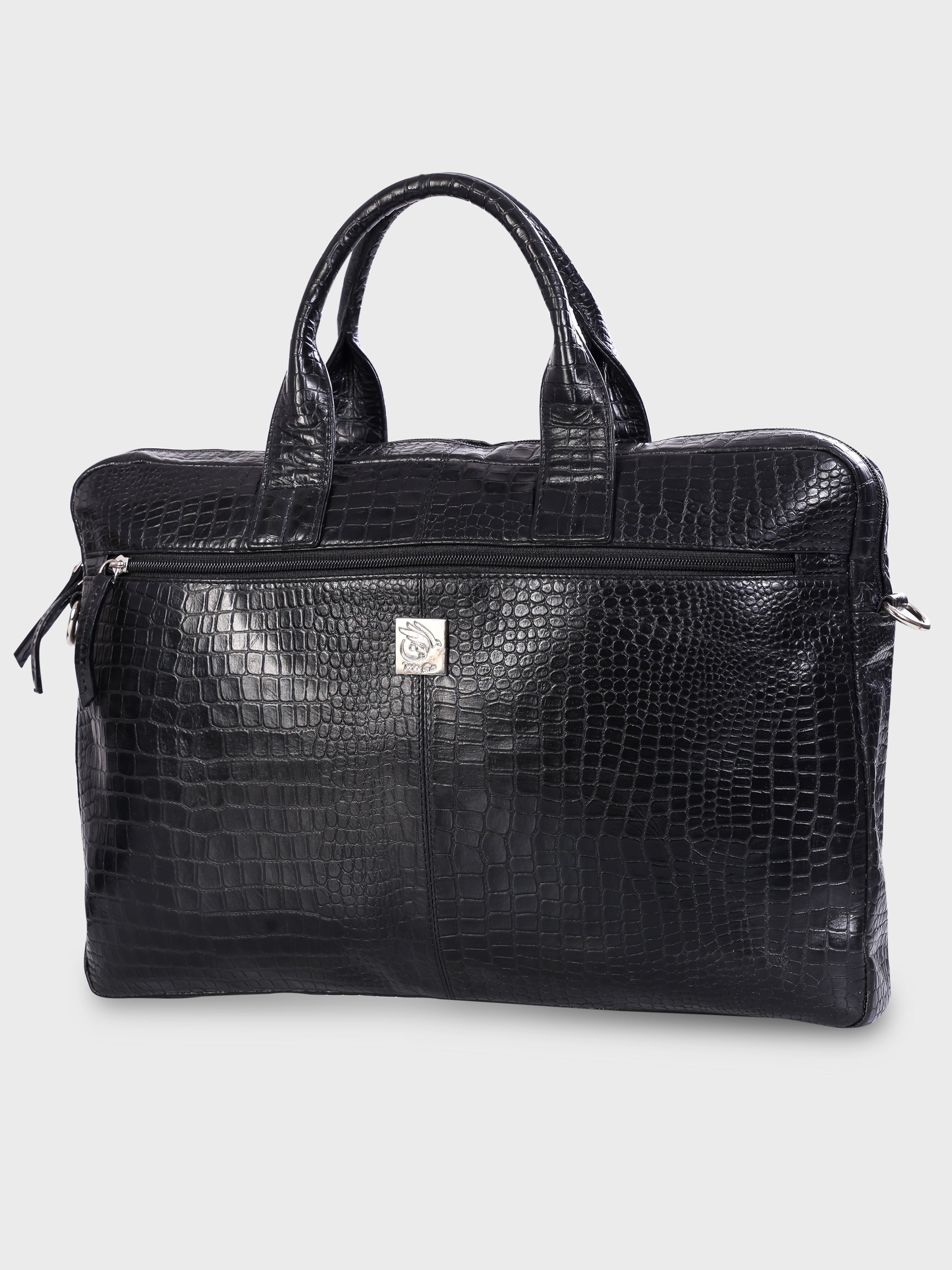 Genuine Leather Office Bag - Crocodile Embossed Print Leather Portfolio , With Adjustable Shoulder Strap , Can Accommodate 15 " Laptop