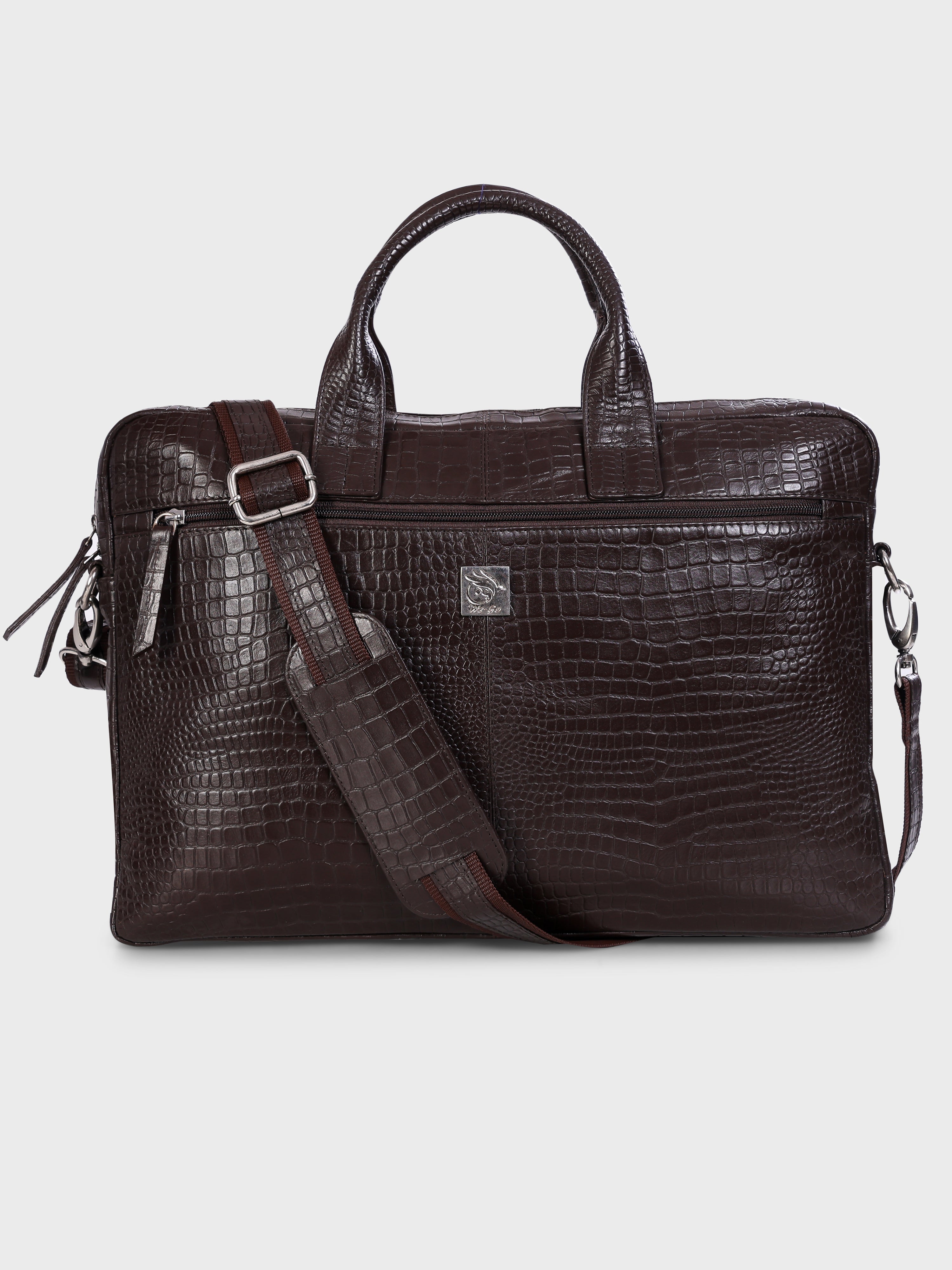 Genuine Leather Office Bag - Crocodile Embossed Print Leather Portfolio , With Adjustable Shoulder Strap , Can Accommodate 15 " Laptop