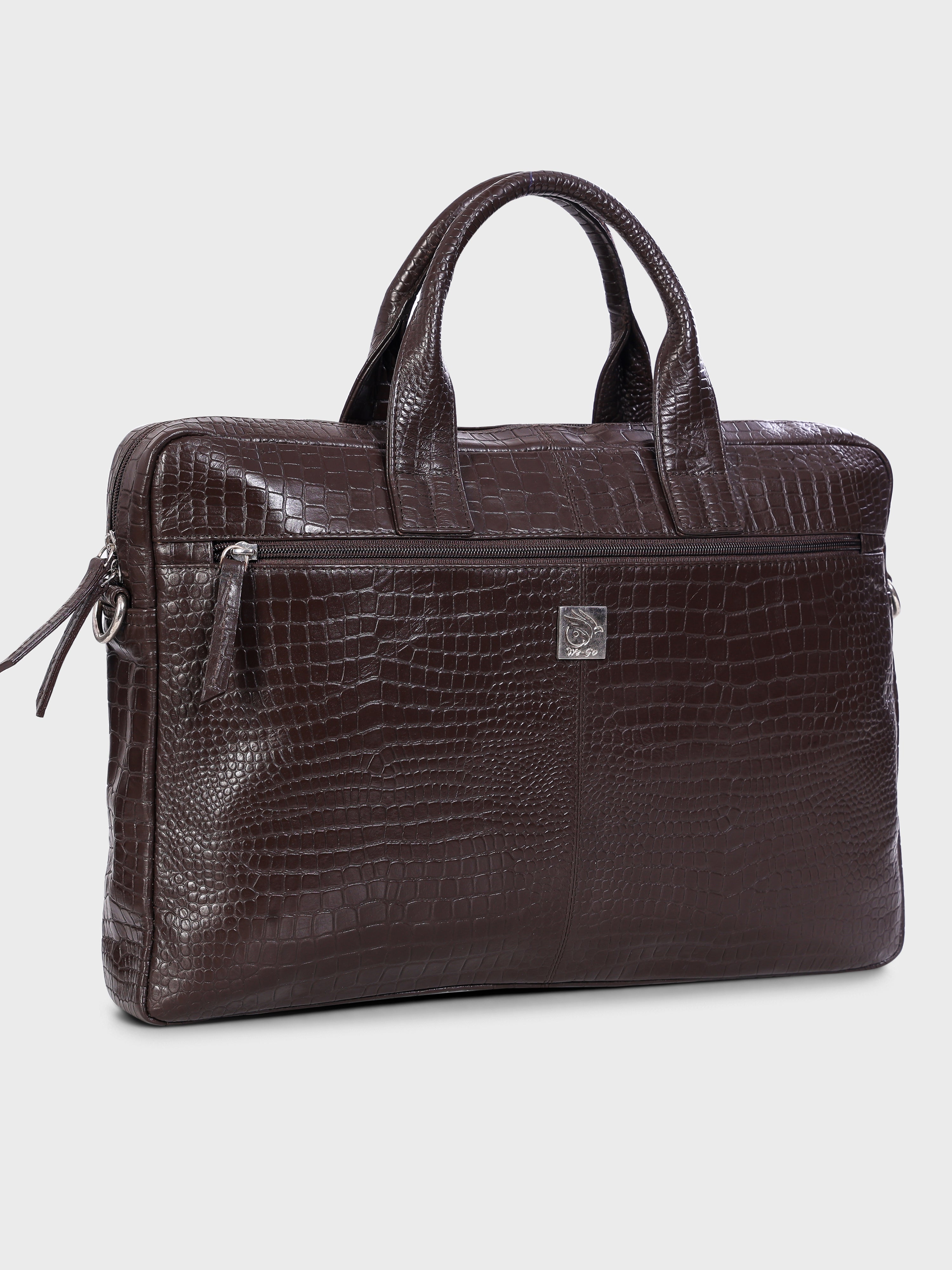 Genuine Leather Office Bag - Crocodile Embossed Print Leather Portfolio , With Adjustable Shoulder Strap , Can Accommodate 15 " Laptop