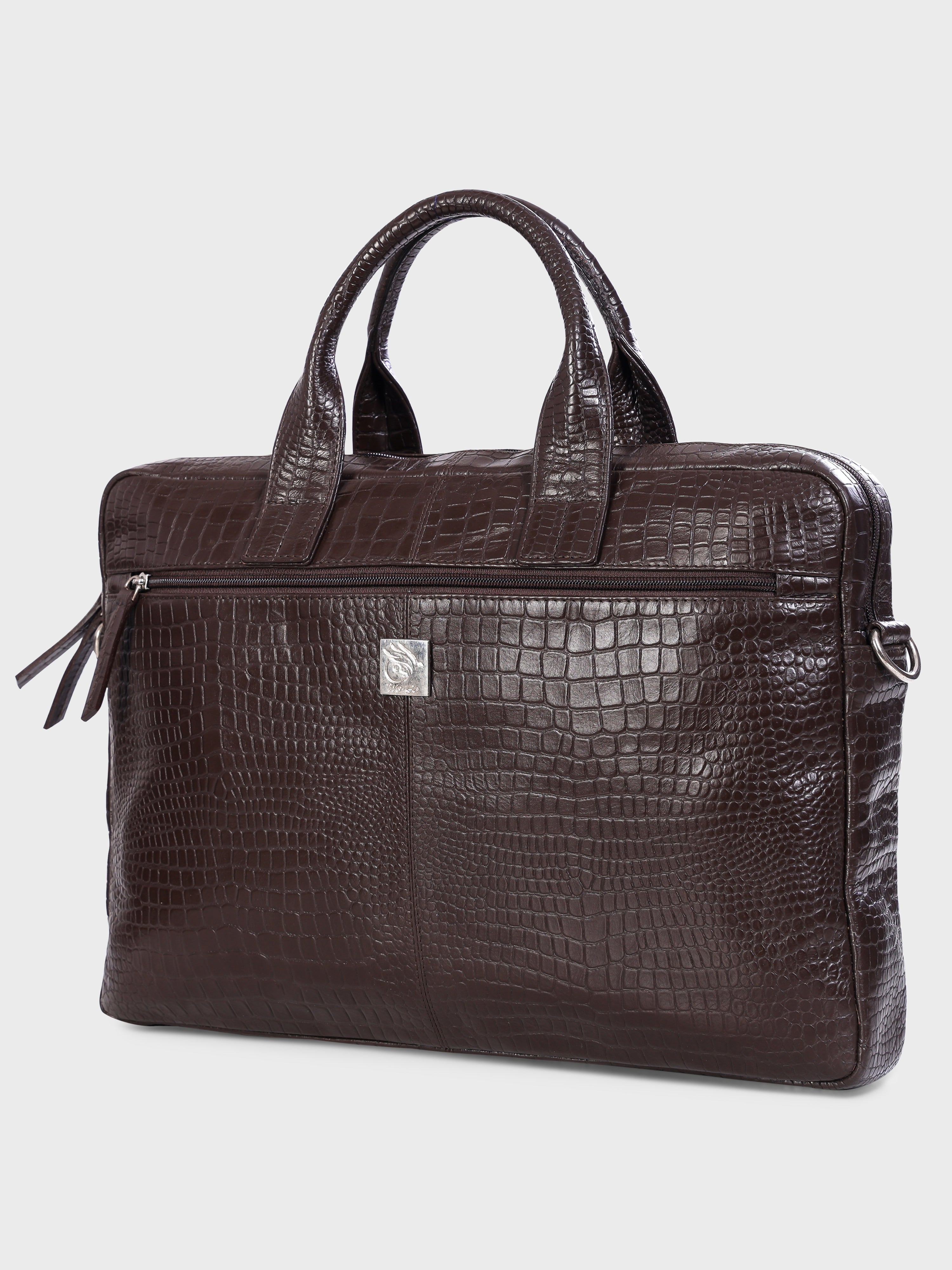 Genuine Leather Office Bag - Crocodile Embossed Print Leather Portfolio , With Adjustable Shoulder Strap , Can Accommodate 15 " Laptop