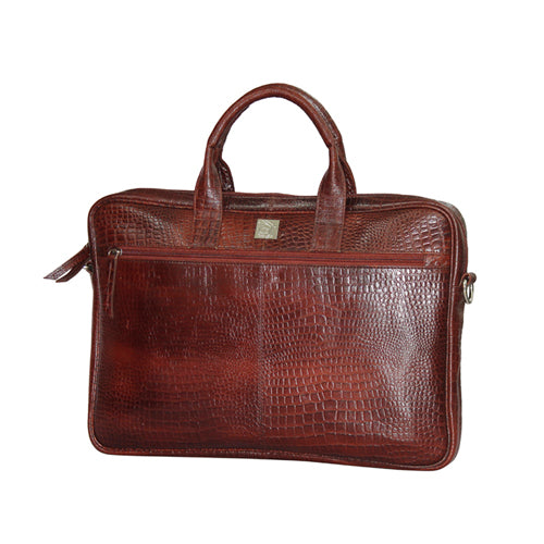 Genuine Leather Office Bag - Crocodile Embossed Print Leather Portfolio , With Adjustable Shoulder Strap , Can Accommodate 15 " Laptop