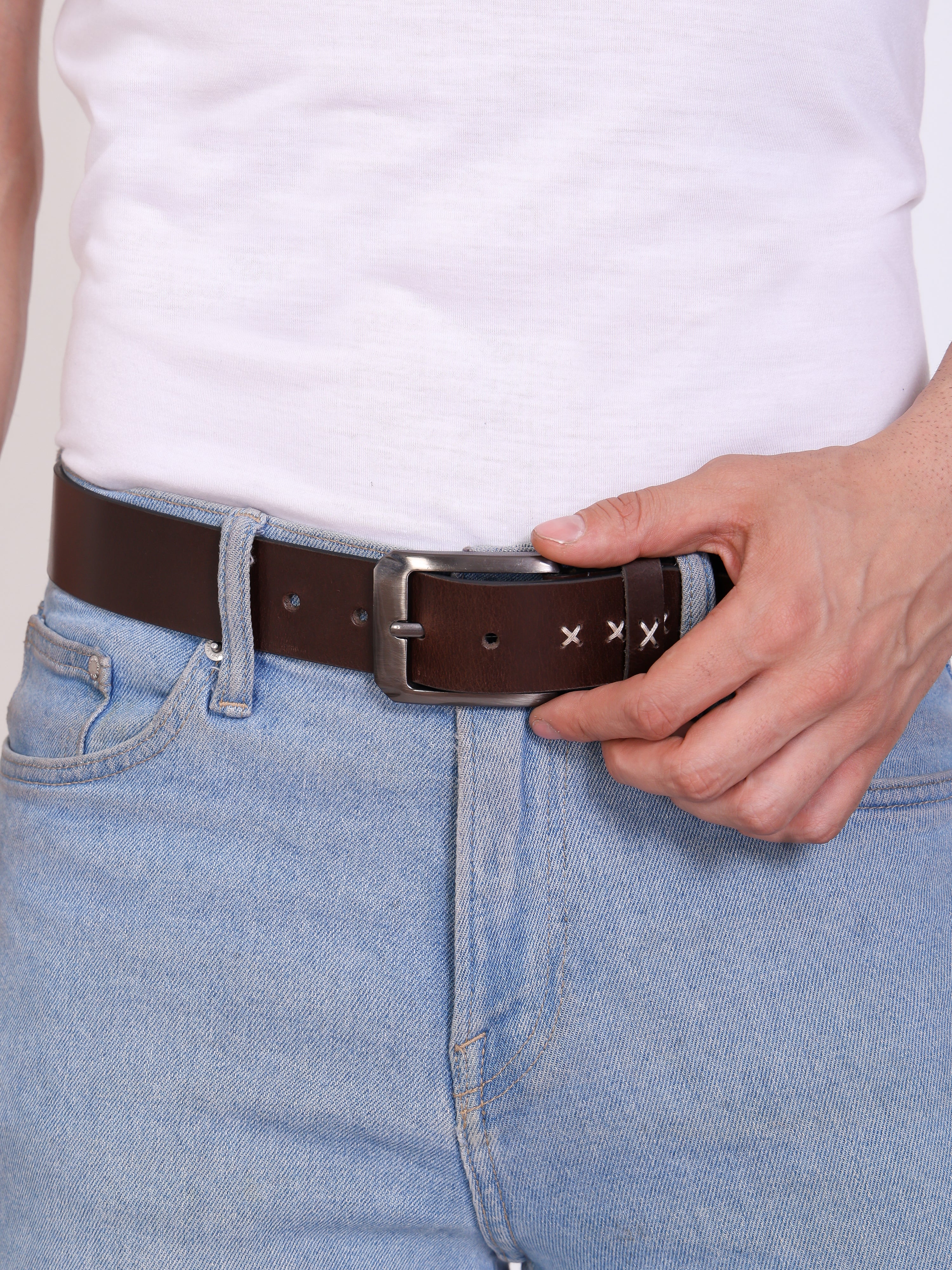 Genuine Leather Men's 40mm Belt with Hand-Stitched Weave Detail