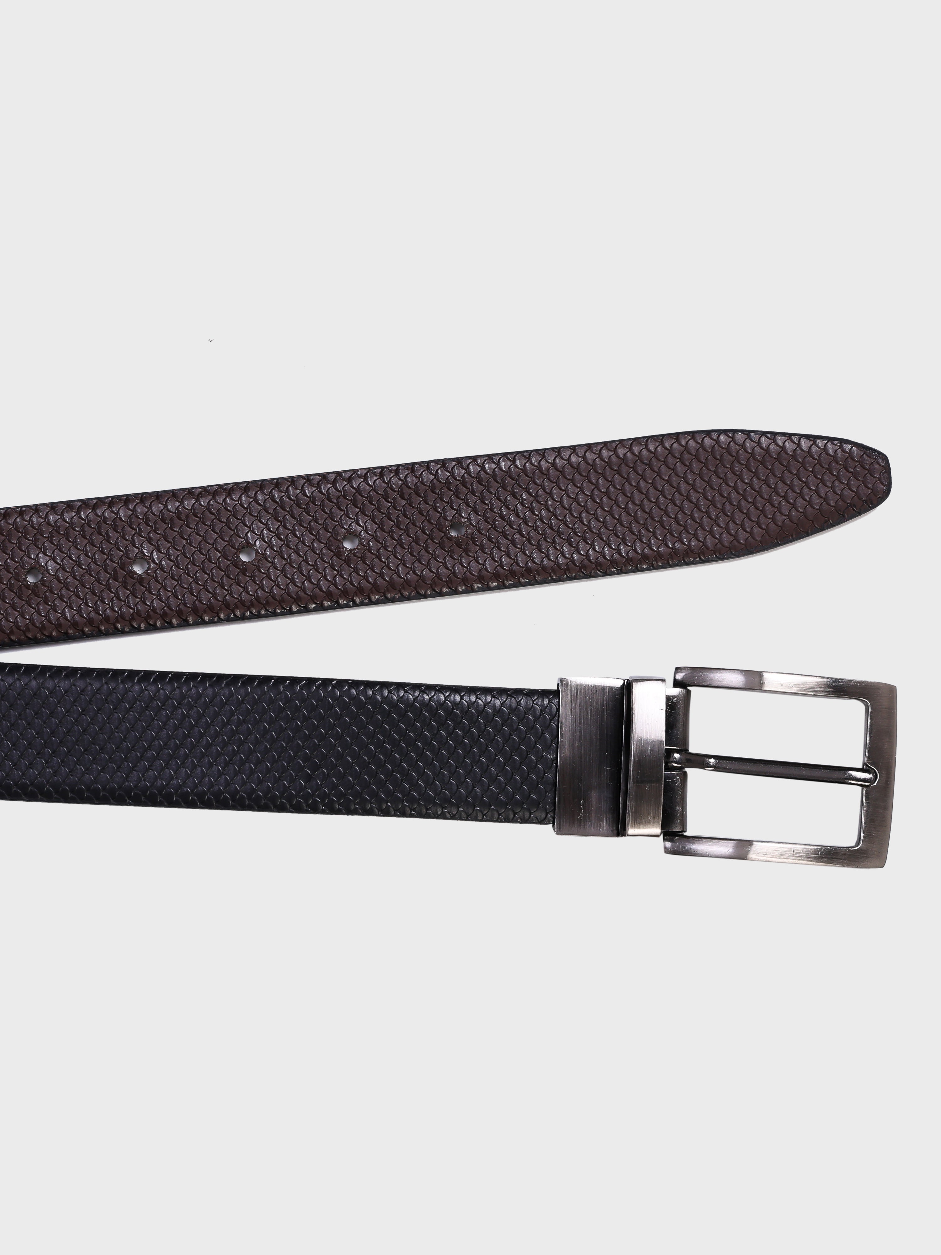 Genuine Leather - Reptile Embossed Print - Men Formal Reviersible Belt Black / Brown - 35 mm Width