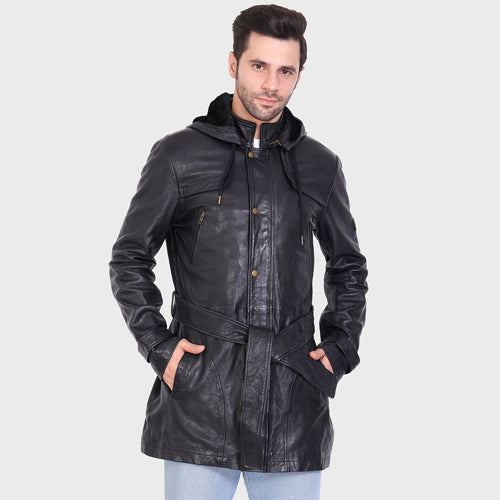 Genuine Leather - Veg Tanned Leather Mens 3/4 Long Jacket With Poly Fur Lining For Body And Hood