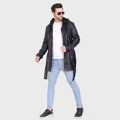 Genuine Leather - Veg Tanned Leather Mens 3/4 Long Jacket With Poly Fur Lining For Body And Hood