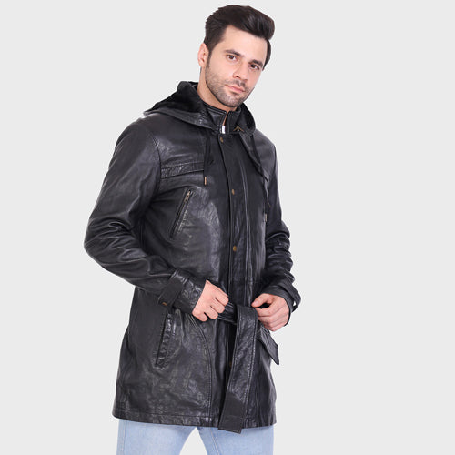 Genuine Leather - Veg Tanned Leather Mens 3/4 Long Jacket With Poly Fur Lining For Body And Hood