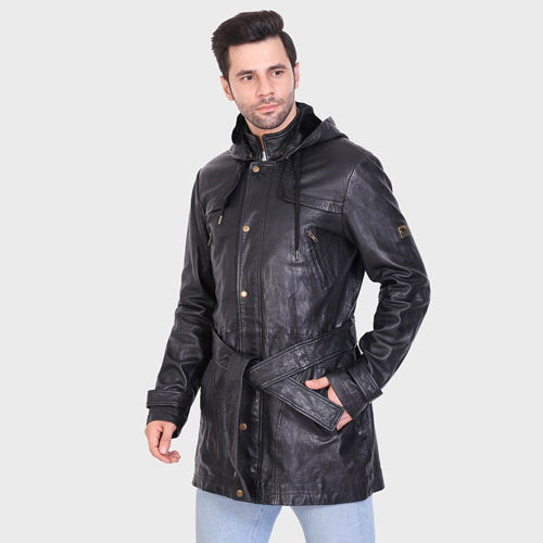 Genuine Leather - Veg Tanned Leather Mens 3/4 Long Jacket With Poly Fur Lining For Body And Hood