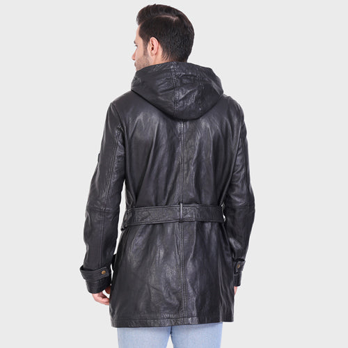 Genuine Leather - Veg Tanned Leather Mens 3/4 Long Jacket With Poly Fur Lining For Body And Hood