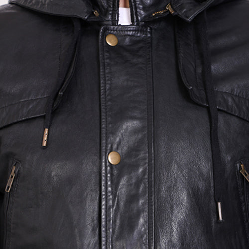 Genuine Leather - Veg Tanned Leather Mens 3/4 Long Jacket With Poly Fur Lining For Body And Hood