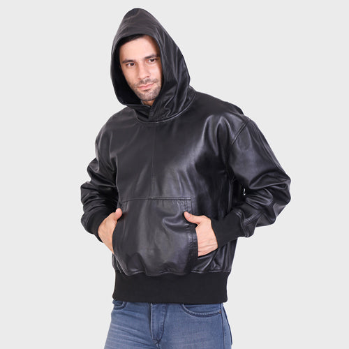 Genuine Leather, Men's Leather Hoody Jacket