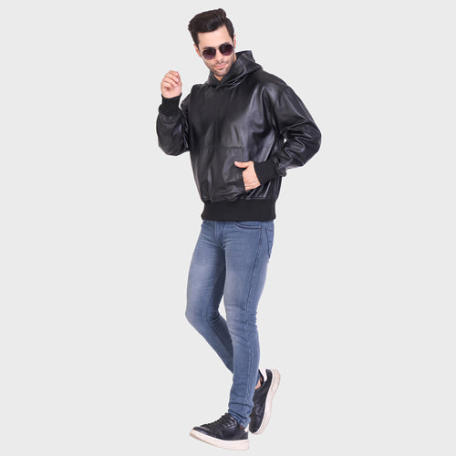 Genuine Leather, Men's Leather Hoody Jacket