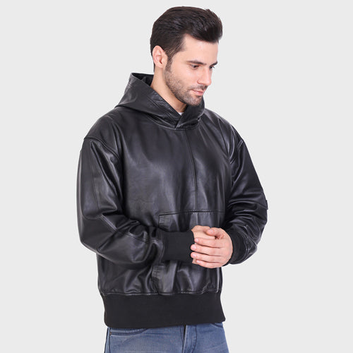Genuine Leather, Men's Leather Hoody Jacket