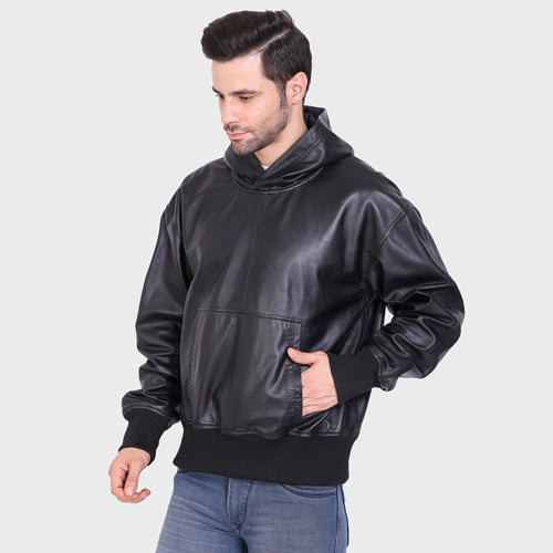 Genuine Leather, Men's Leather Hoody Jacket
