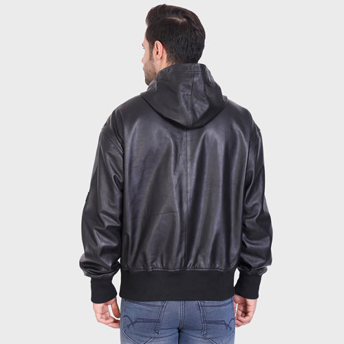 Genuine Leather, Men's Leather Hoody Jacket