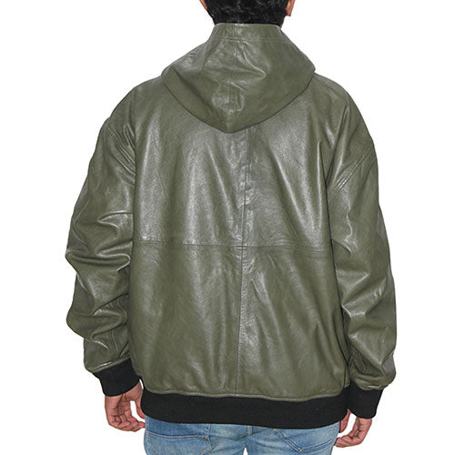 Genuine Leather , Men's Leather Hoody Jacket Olive Color