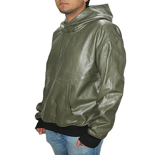 Genuine Leather , Men's Leather Hoody Jacket Olive Color