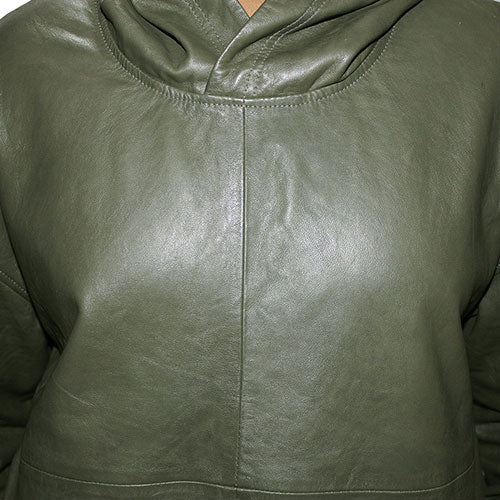 Genuine Leather , Men's Leather Hoody Jacket Olive Color