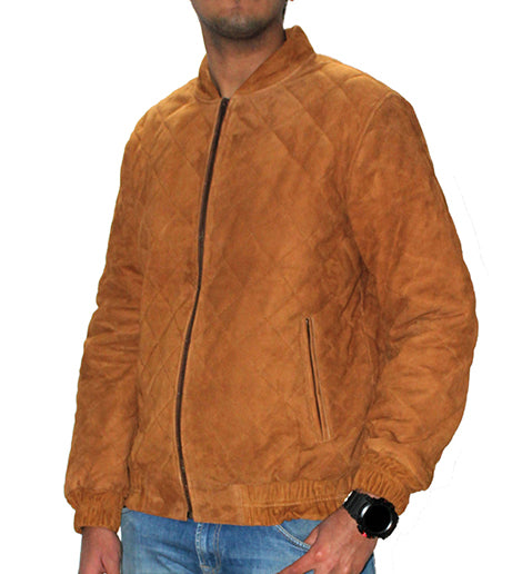 Diamond Design Quilted Genuine Suede Leather Men's Bomber Jacket Color Cognac