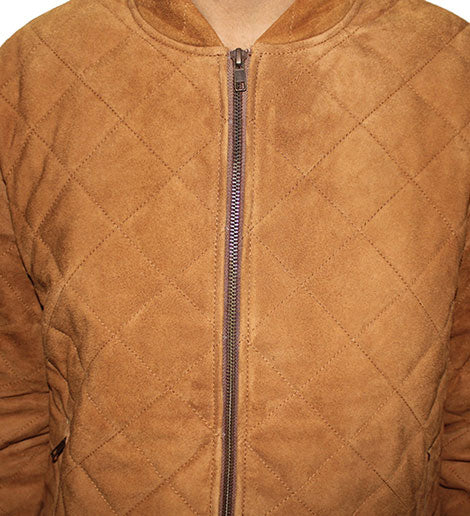 Diamond Design Quilted Genuine Suede Leather Men's Bomber Jacket Color Cognac