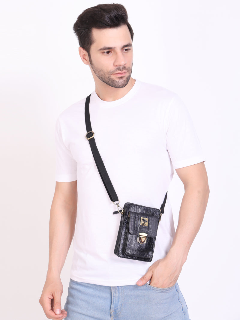 Genuine Leather , Croco Print Travel Pouch Bag , Can Buckle Up To Your Belt , Removable Shoulder Strap , Ideal For Travellers And Motor Bikers