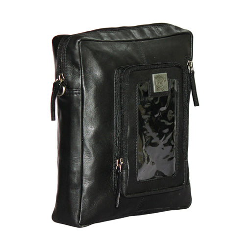 Genuine Leather Messenger Bag For Bikers With Mobile Display Pocket For GPS Navigation With Compartment For Power Bank Charger And Magnetic Back To Hold On The Bikes Petrol Tank