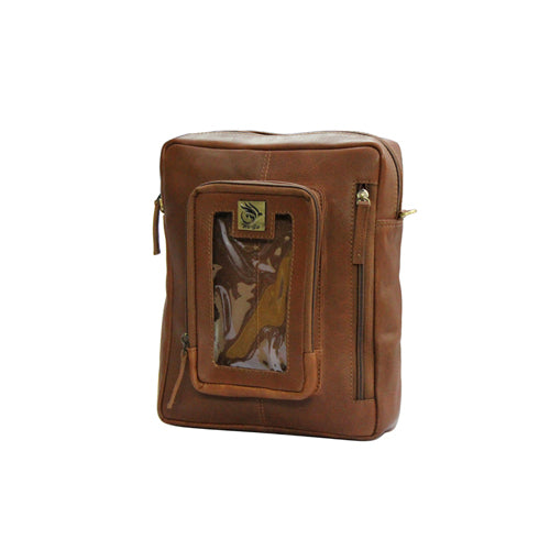 Genuine Leather Messenger Bag For Bikers With Mobile Display Pocket For GPS Navigation With Compartment For Power Bank Charger And Magnetic Back To Hold On The Bikes Petrol Tank