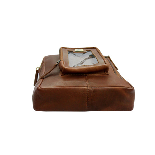 Genuine Leather Messenger Bag For Bikers With Mobile Display Pocket For GPS Navigation With Compartment For Power Bank Charger And Magnetic Back To Hold On The Bikes Petrol Tank