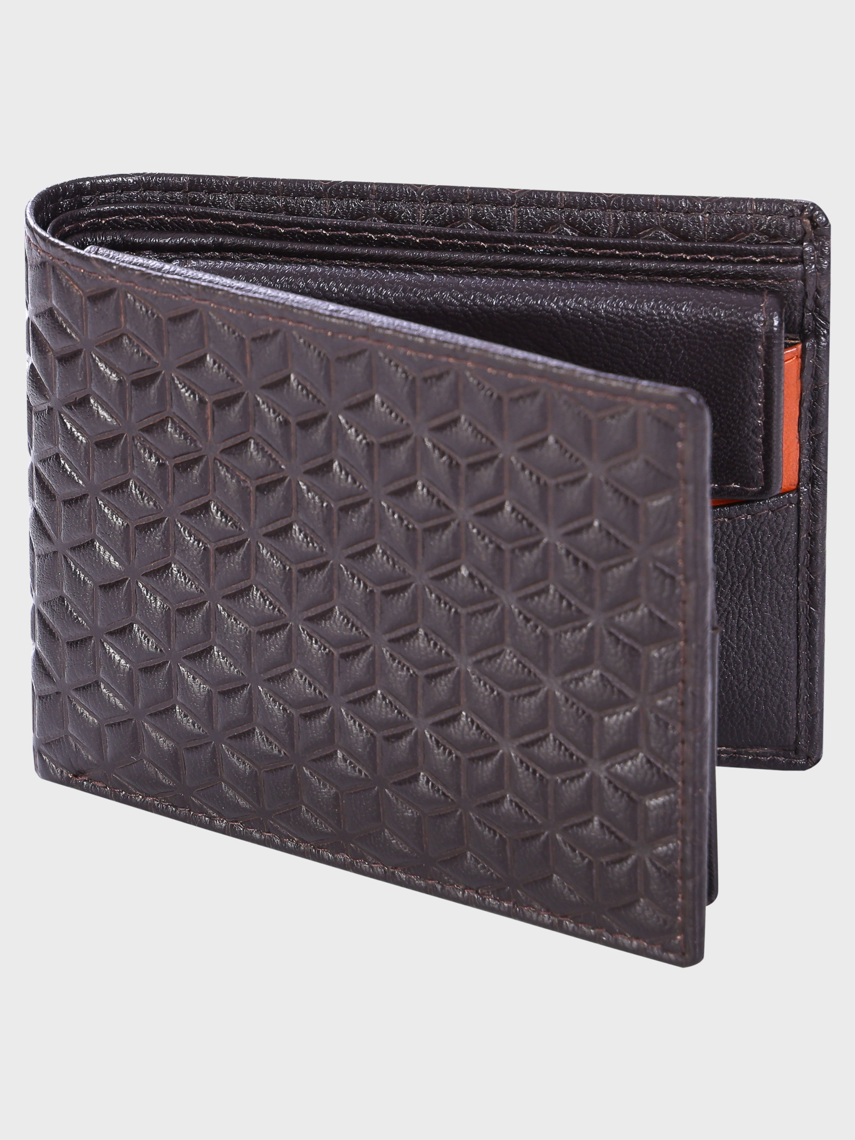 Genuine Leather - Hexagon Print Embossed - Men Leather Wallet