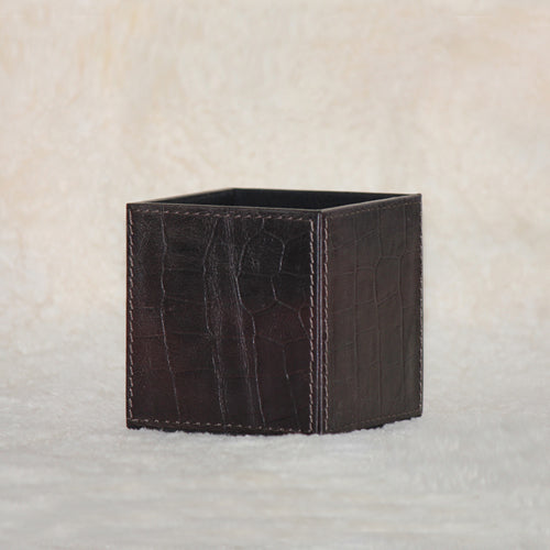 Genuine Leather Crocodile Print Embossed Pen Stand 4" x 4"