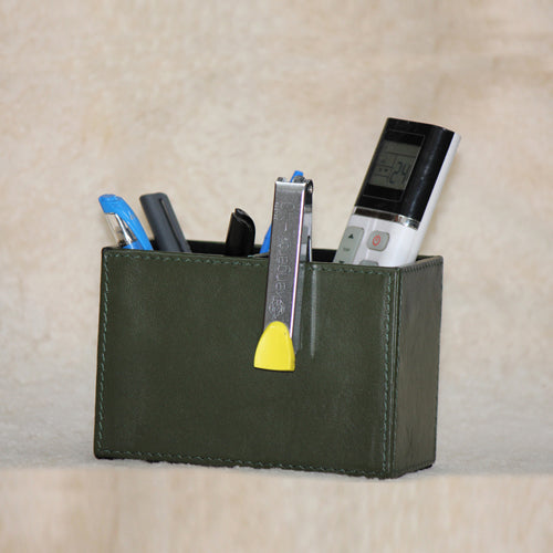 GENUINE LEATHER PEN STAND TWIN SLOTS 4 " HEIGHT X 6 " LENGTH