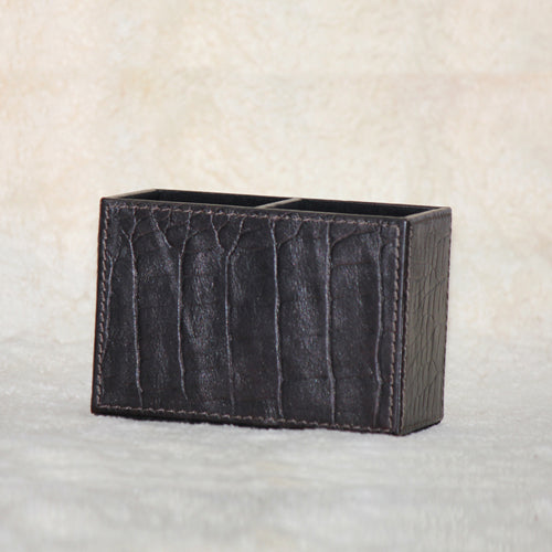 GENUINE LEATHER CROCODILE PRINT EMBOSSED PEN STAND TWIN SLOTS 4 " HEIGHT X 6 " LENGTH
