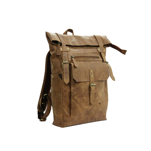 UNISEX GENUINE LEATHER ROLL-TOP BACKPACK WITH 14" LAPTOP COMPARTMENT