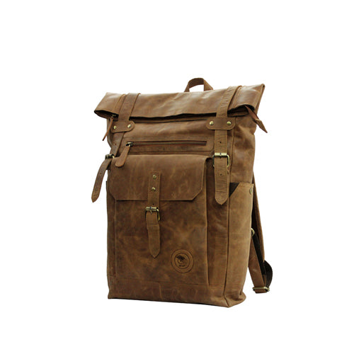 UNISEX GENUINE LEATHER ROLL-TOP BACKPACK WITH 14" LAPTOP COMPARTMENT