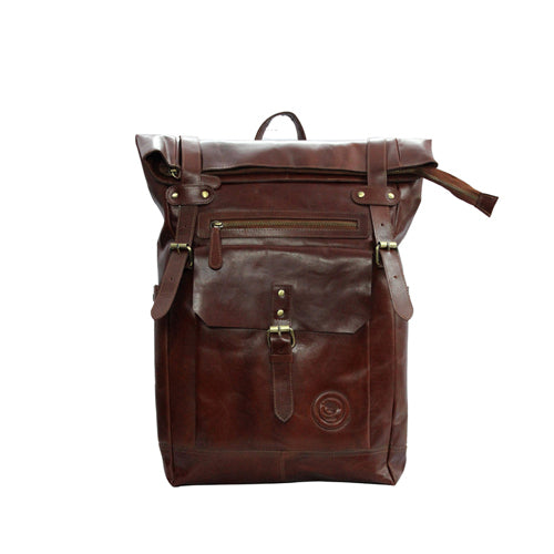 UNISEX GENUINE LEATHER ROLL-TOP BACKPACK WITH 14" LAPTOP COMPARTMENT